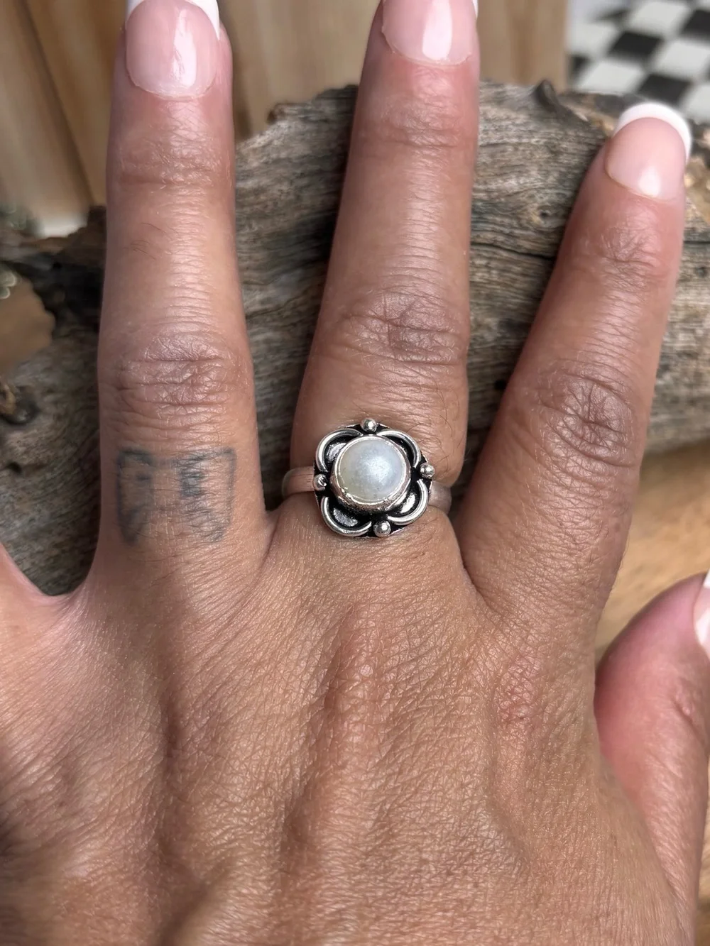 Hand Crafted Silver Floral Moonstone Ring - White Womens Size 8
